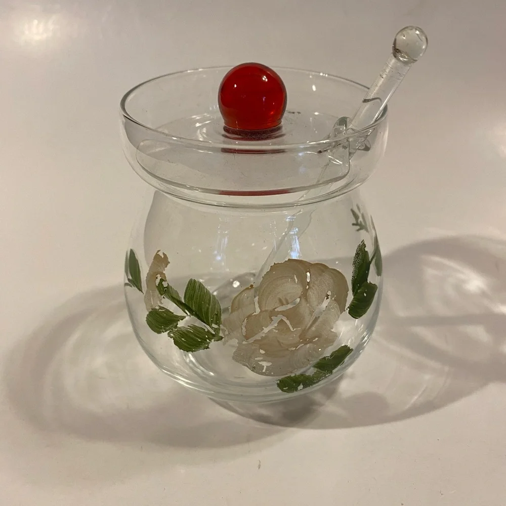 Vintage Hand-Painted Glass Honey Jar with Glass Dipper & Red Ball Finial Lid